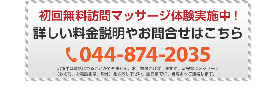 初回無料体験施術実施中!詳しい料金説明やお問合せはこちら 044-874-2035 電話・FAX共通06-7492-0729